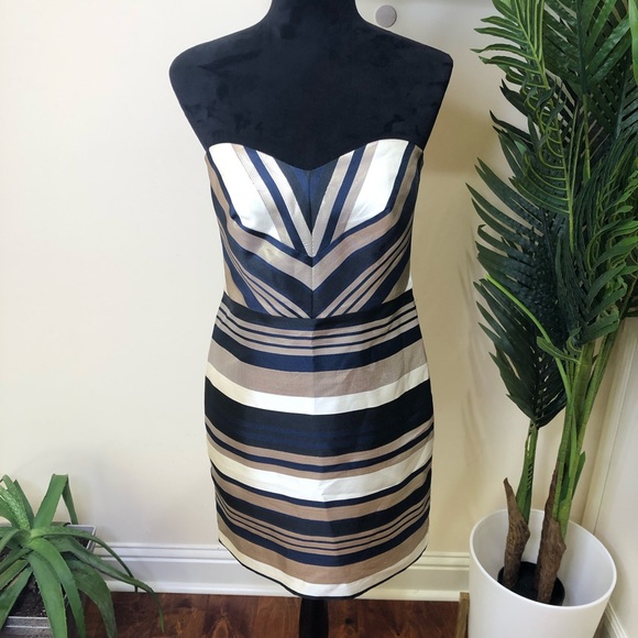 Ann Taylor Strapless Sweetheart-neck Gold Metallic Blue Cocktail Dress 4 - Picture 2 of 8